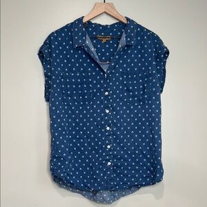 Jacks Girlfriend Collective Blue Button-Up Shirt with White Pattern Size Large